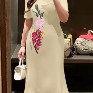 ZANZEA Women's A-Line Party Dresses Elegant Flower Printing Round Neck Short Sleeve Slim-Fit Midi Dress Woman Fashion S-3XL