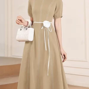ZANZEA Elegant Fabric Flower Contrast-Stitch Midi Dresses Women Casual O-Neck Short Puff Sleeve Fitted Waist Classy A-Line Dress