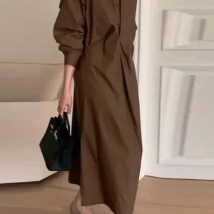 ZANZEA Women's Gathered Front Maxi Dresses Fall 2025 Solid Color Turn-Down Collar Long Sleeve Half Buttons Shirtdress Commuting