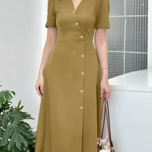 ZANZEA Women's Elegant A-Line Midi Dresses Casual V-Neck Short Sleeve Buttons Solid Color Dress Office Commuting Wear S-3XL